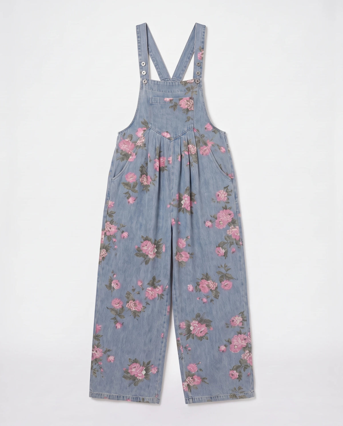 Salopette femme large en denim fleuri La Fleurie, coloris bleu clair fleuri, vue à plat