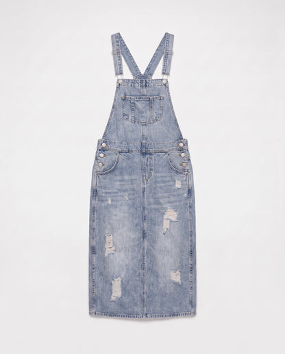 Robe salopette longue en denim Faubourg, coloris bleu clair, vue à plat