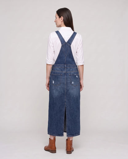 Robe salopette longue en denim Faubourg, coloris bleu foncé, vue de dos avec fente