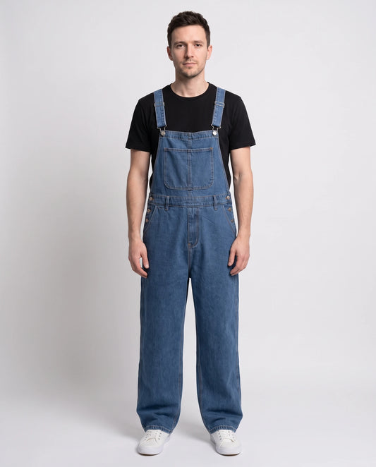 Salopette homme baggy en denim Le Bitume, coloris bleu, vue de face en pied