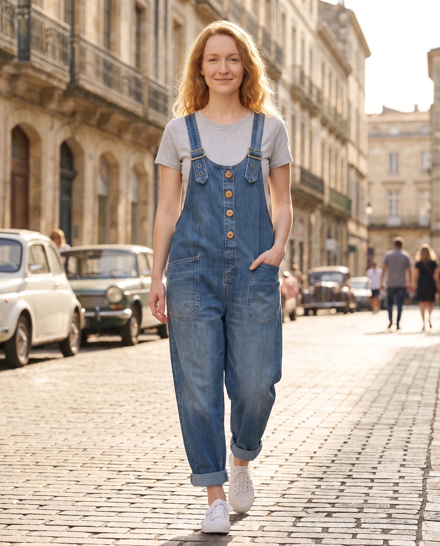 Salopette femme ample effet denim La Tournée, coloris bleu, portée en ville