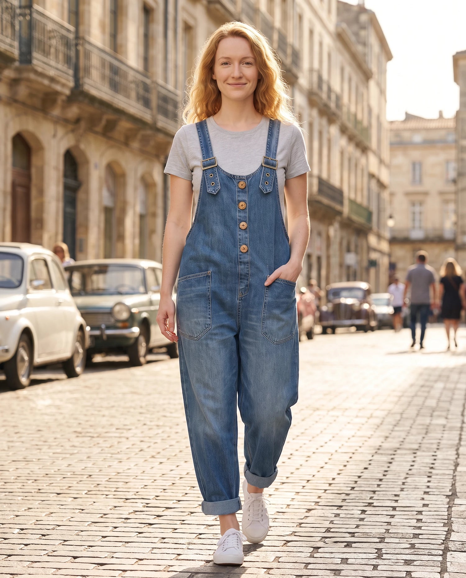 Salopette femme ample effet denim La Tournée, coloris bleu, portée en ville
