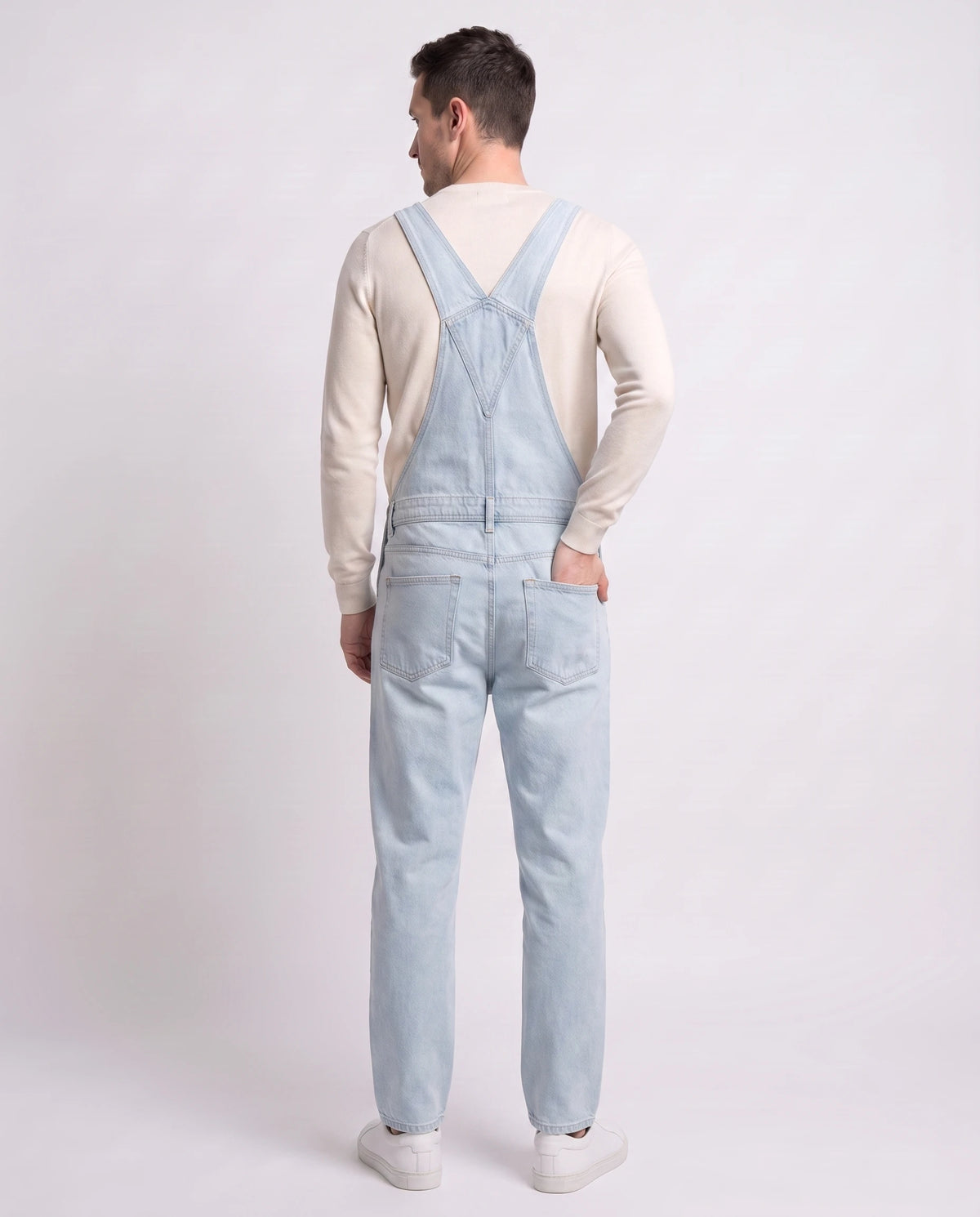 Salopette homme en jean Le Métro Bleu, coloris bleu ciel, vue de dos