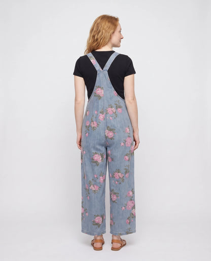 Salopette femme large en denim fleuri La Fleurie, coloris bleu clair fleuri, vue de dos