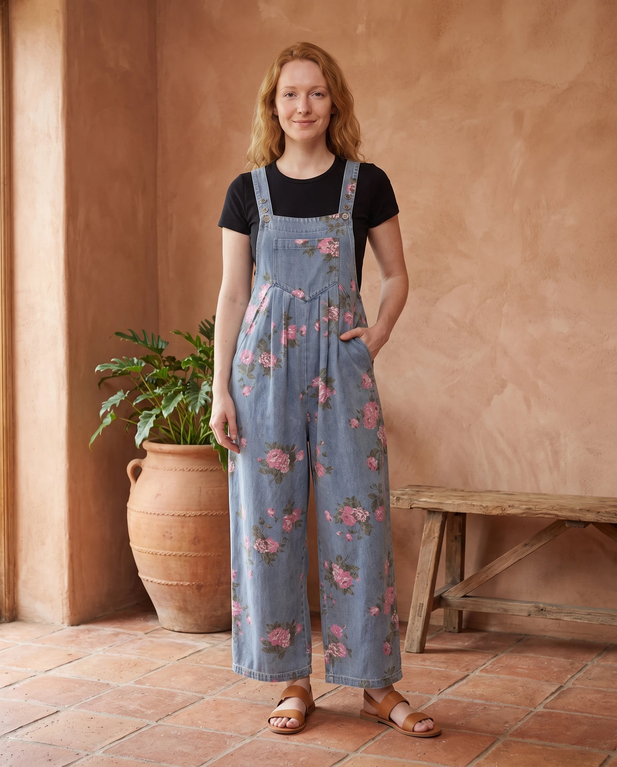 Salopette femme large en denim fleuri La Fleurie, coloris bleu clair fleuri, portée en intérieur