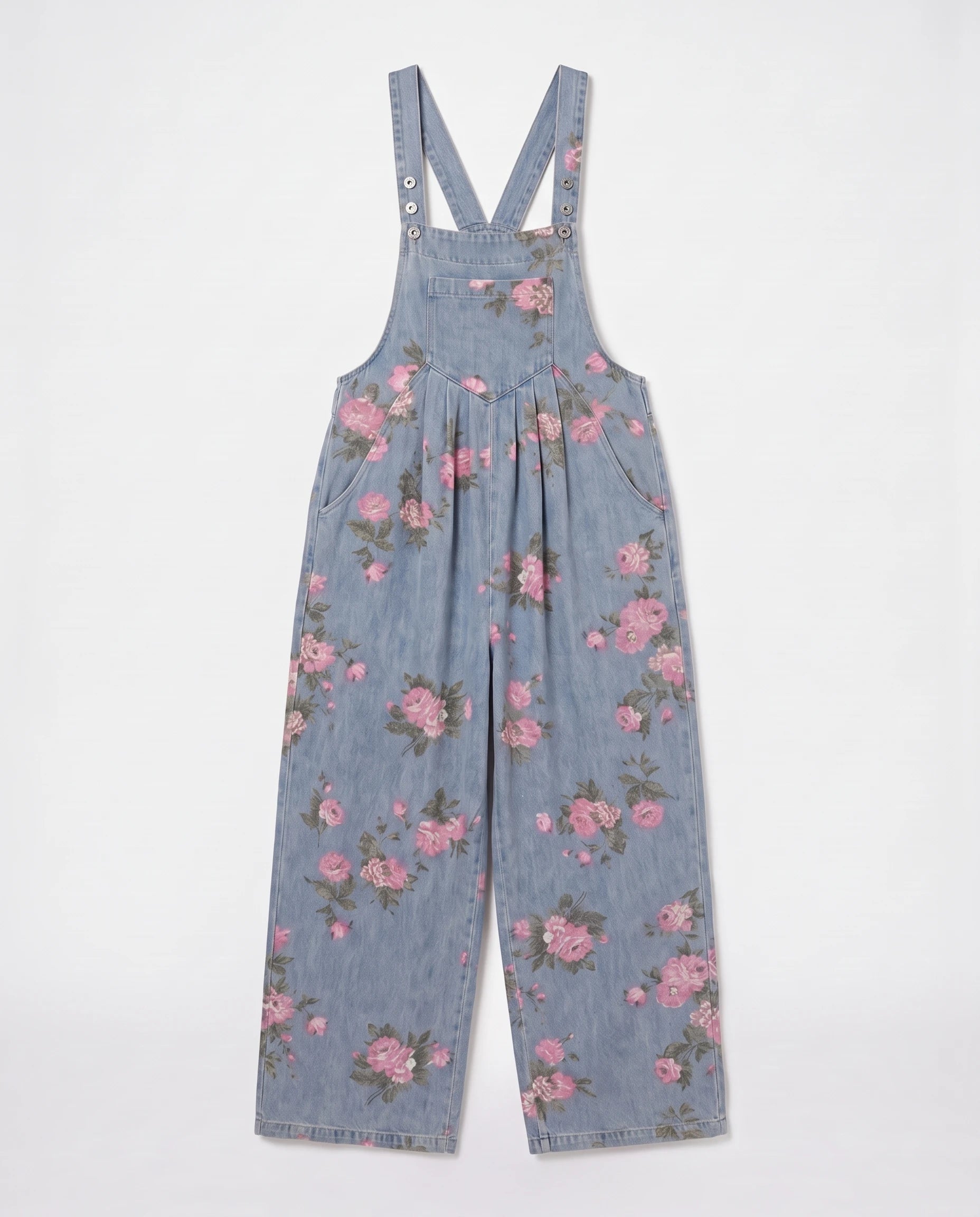 Salopette femme large en denim fleuri La Fleurie, coloris bleu clair fleuri, vue à plat
