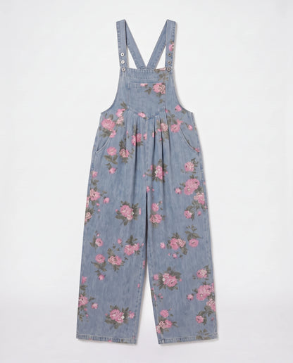 Salopette femme large en denim fleuri La Fleurie, coloris bleu clair fleuri, vue à plat