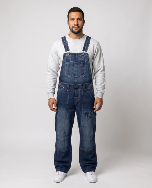 Salopette homme en denim épais Le Quartier, coloris bleu foncé, vue de face en pied