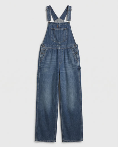 Salopette femme en denim jambes larges La Bourgeoise, coloris bleu foncé, vue à plat