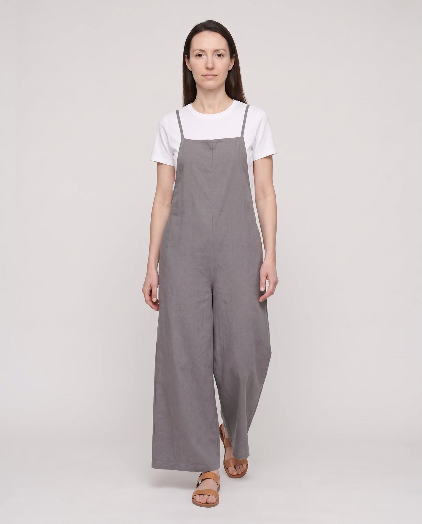 Salopette femme large en coton et lin La Palazzo, coloris gris, vue de face en pied