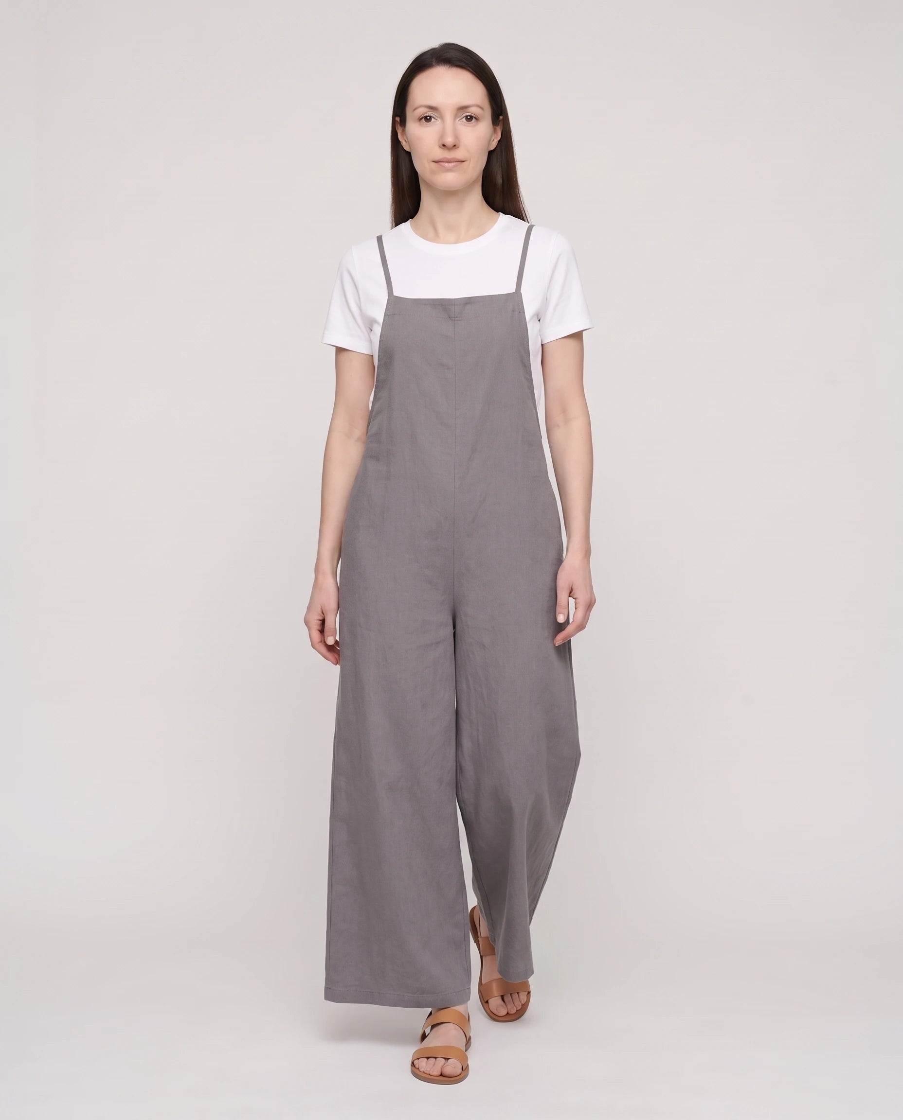 Salopette femme large en coton et lin La Palazzo, coloris gris, vue de face en pied