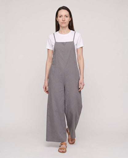 Salopette femme large en coton et lin La Palazzo, coloris gris, vue de face en pied