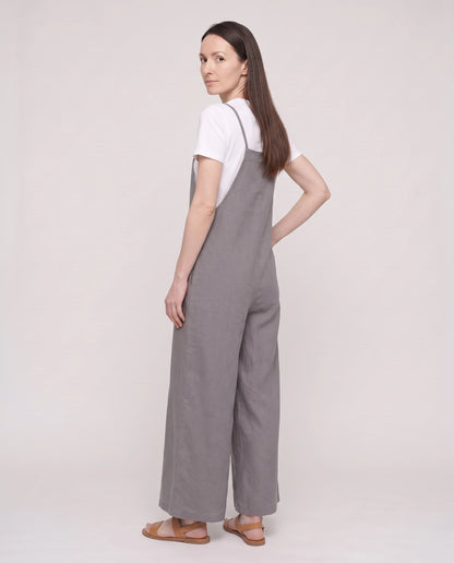 Salopette femme large en coton et lin La Palazzo, coloris gris, vue de dos de trois quarts