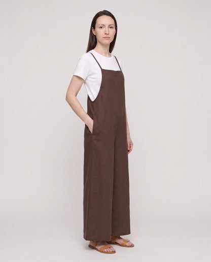Salopette femme large en coton et lin La Palazzo, coloris marron, vue de face en pied