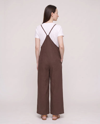 Salopette femme large en coton et lin La Palazzo, coloris marron, vue de dos de trois quarts