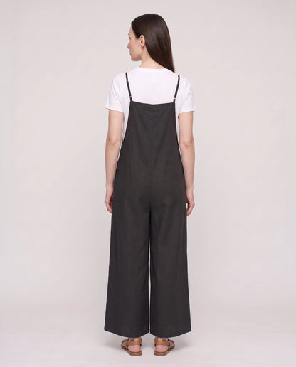 Salopette femme large en coton et lin La Palazzo, coloris noir, vue de dos de trois quarts