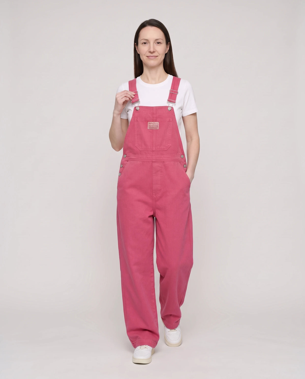 Salopette femme rose en denim La Framboise, coloris rose framboise, vue de trois quarts
