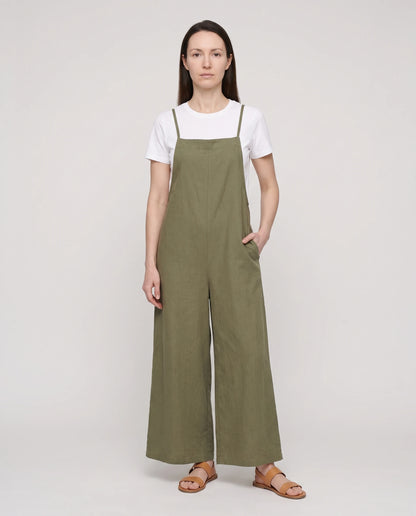 Salopette femme large en coton et lin La Palazzo, coloris vert militaire, vue de face en pied