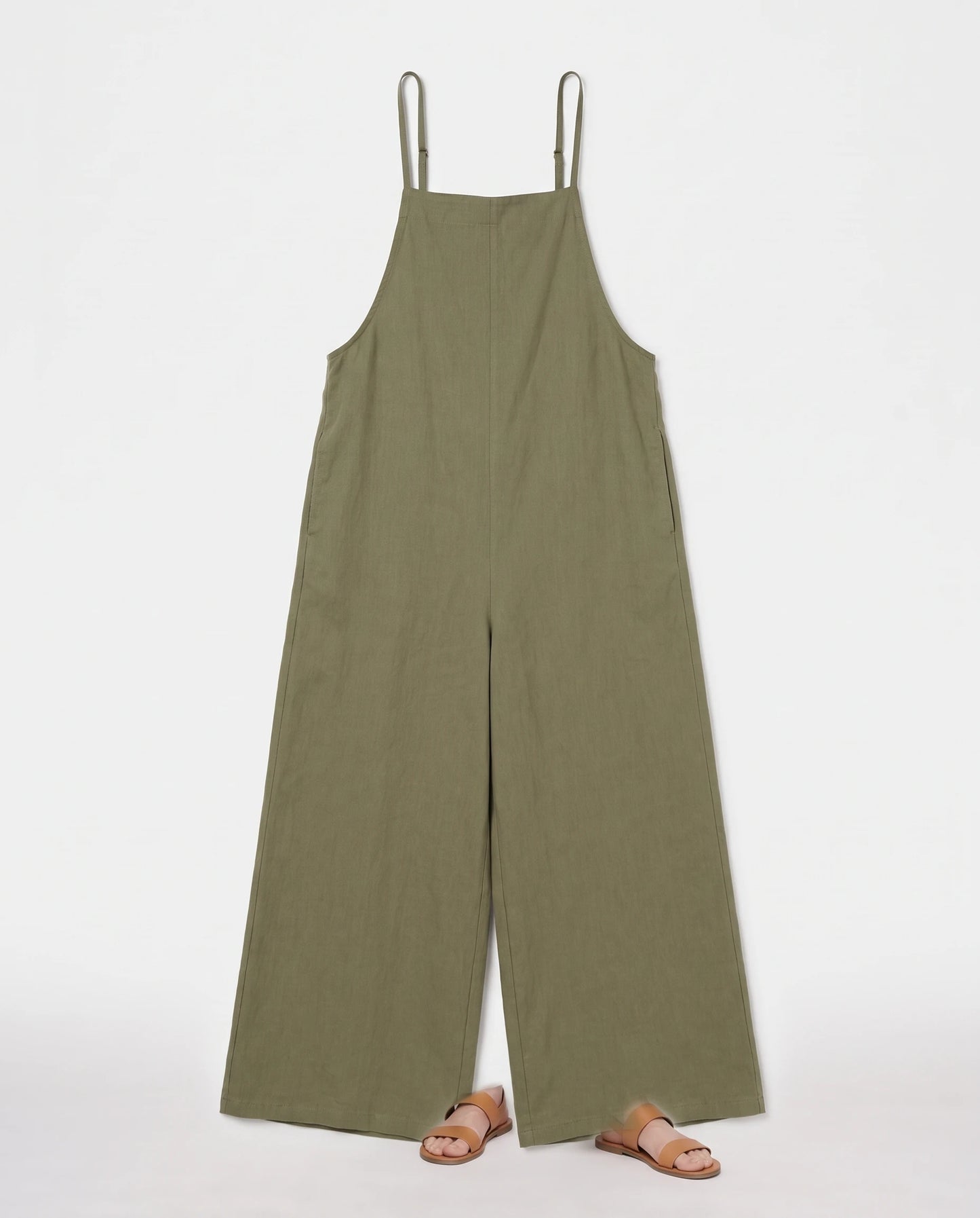 Salopette femme large en coton et lin La Palazzo, coloris vert militaire, vue à plat