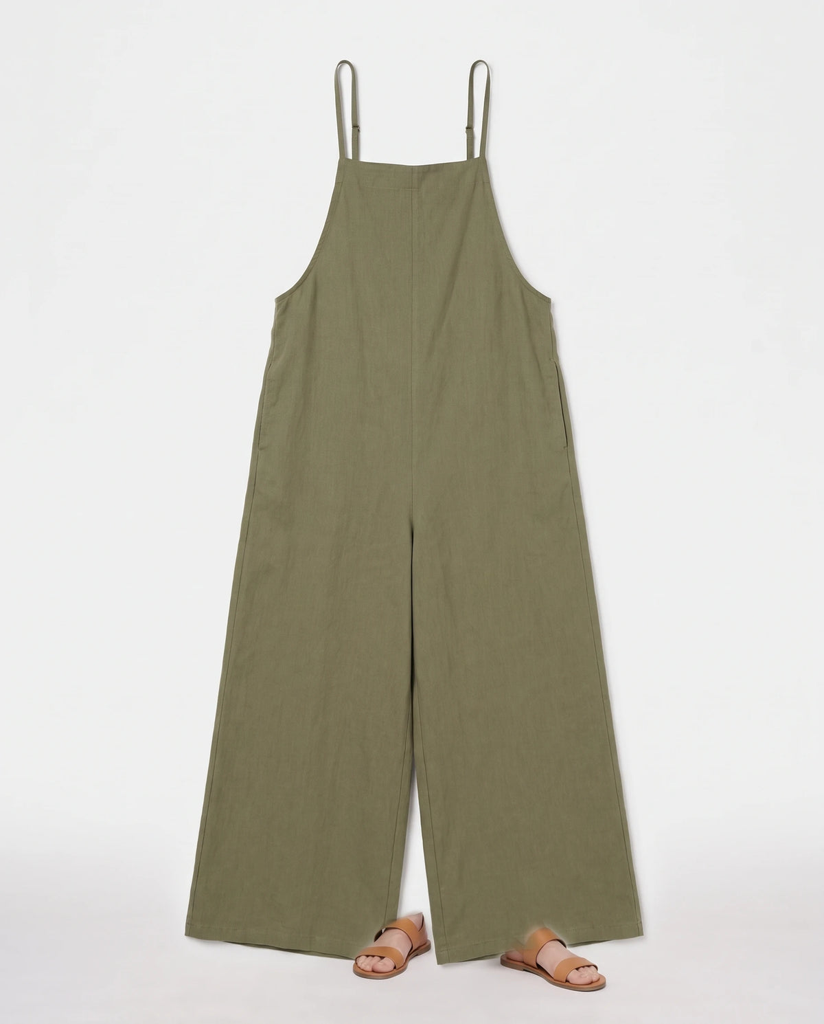 Salopette femme large en coton et lin La Palazzo, coloris vert militaire, vue à plat